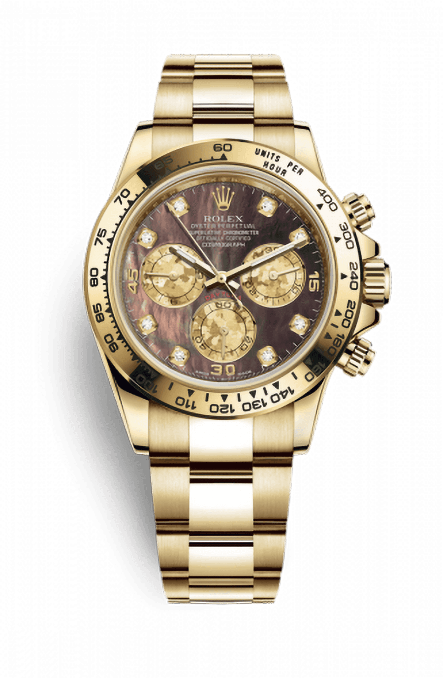 Rolex Cosmograph Daytona Yellow Gold Black Mother Of Pearl Diamond Dial
Ref. 116508-0011