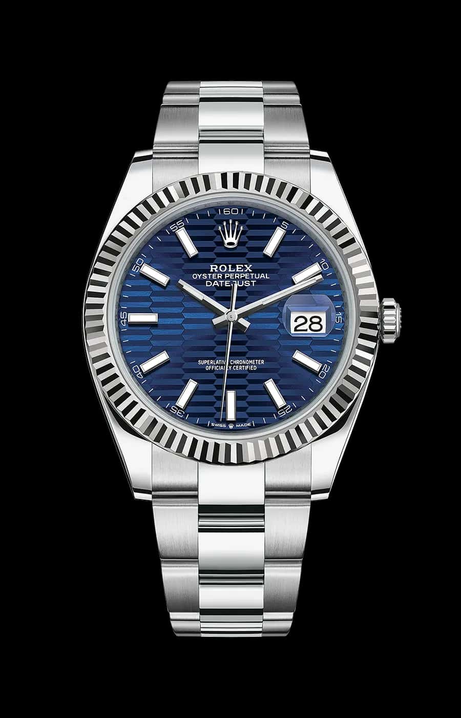 Rolex Datejust 41mm Blue Motif Dial Oyster Stainless Steel Automatic Fluted Bezel Ref. 126334-0031