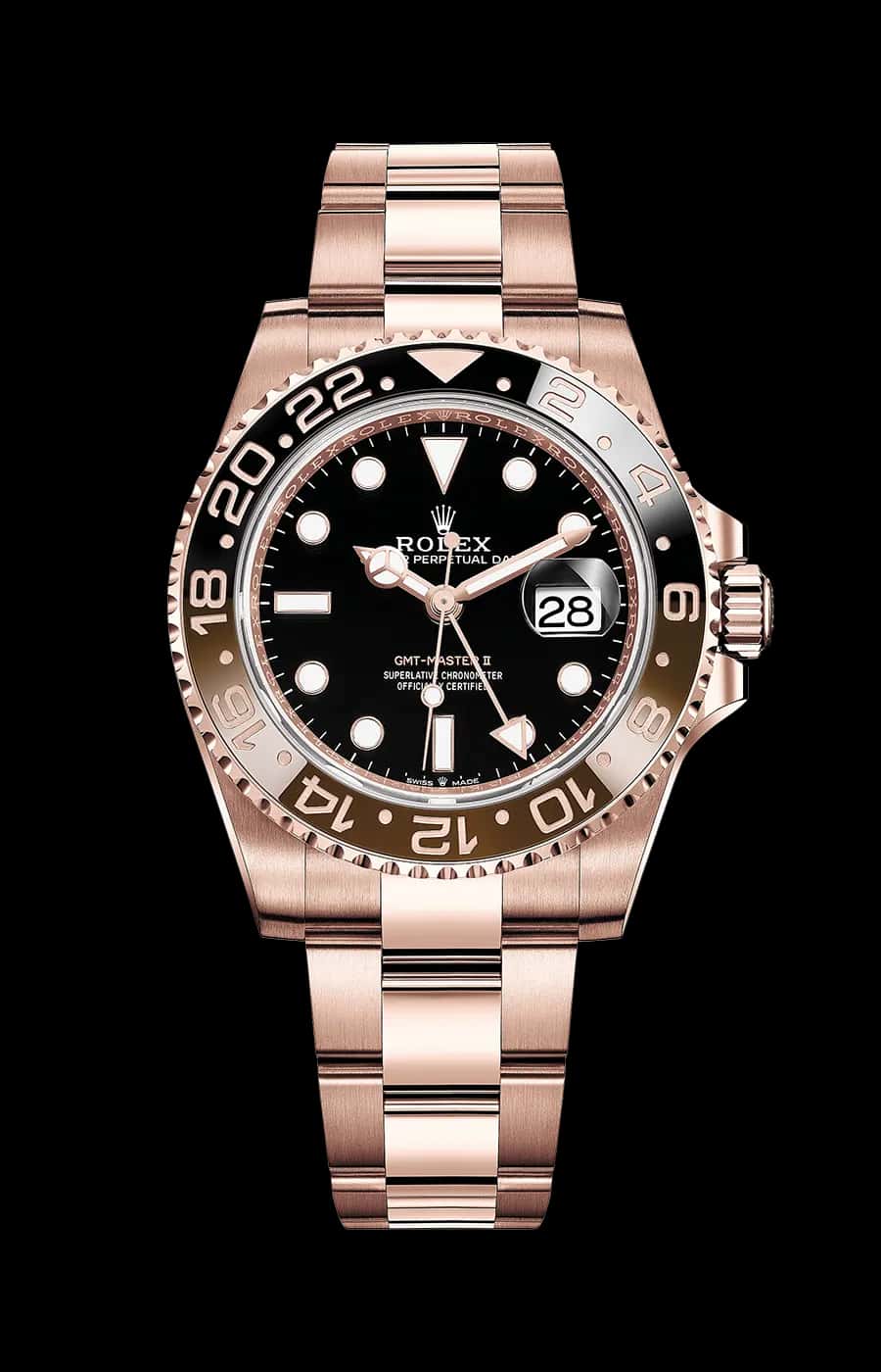 Rolex GMT Master II 'Rootbeer' Rose Gold 40mm Automatic Oyster Black Dial Brown and Black Ceramic Bezel
Ref. 126715CHNR-0001