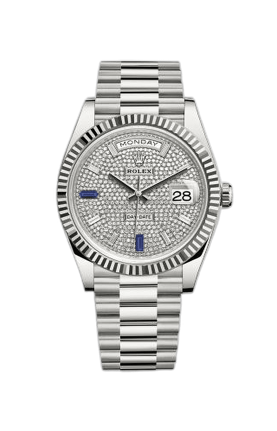 Rolex Day-Date 40 White Gold Presidential Bracelet Diamond Paved Baguette &amp; Blue Sapphire DialRef. 228239-0049