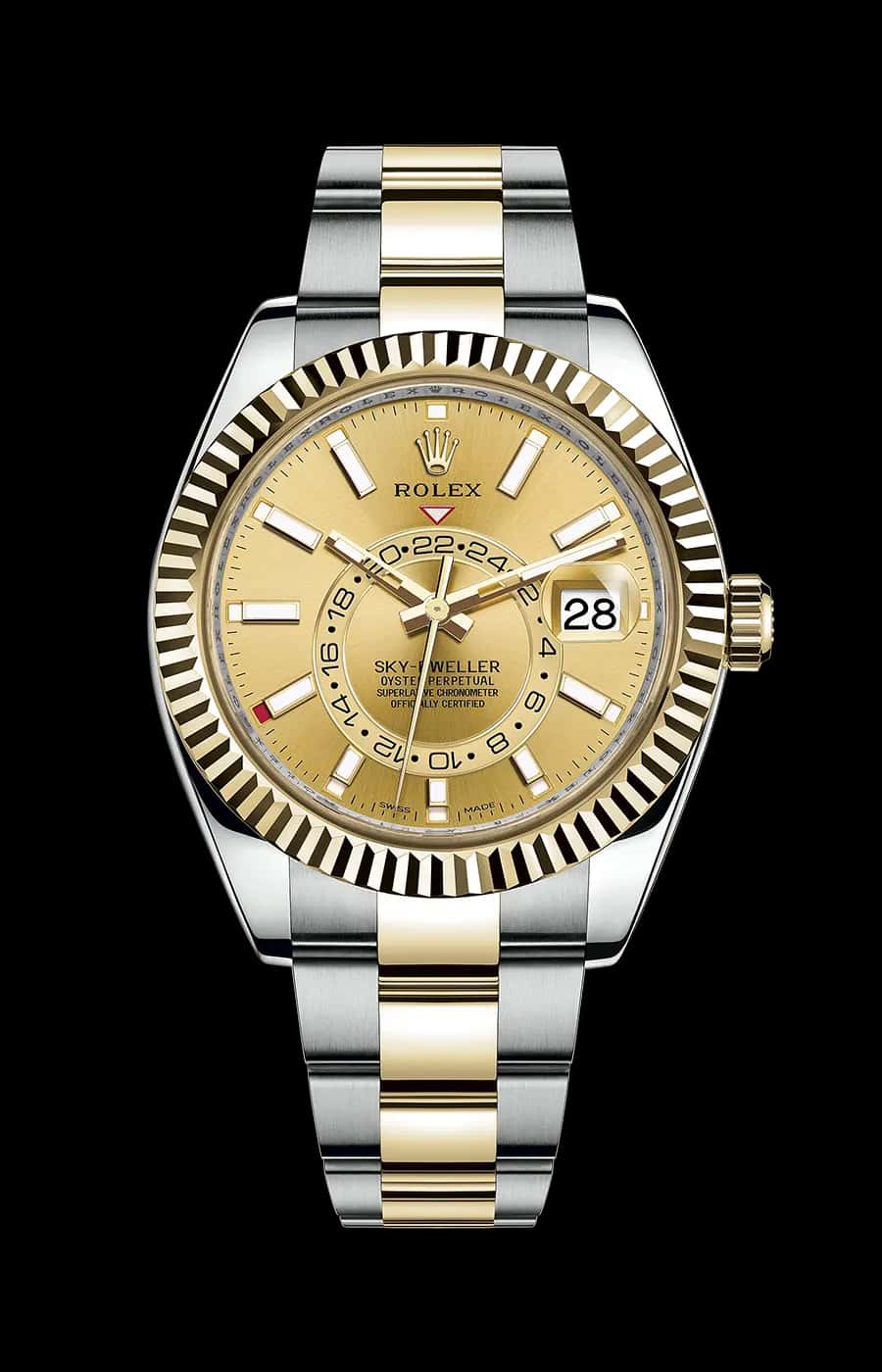Rolex Sky-Dweller Yellow Gold and Stainless Steel Champaign Index Dial Oyster Fluted Bezel
Ref. 326933-0001