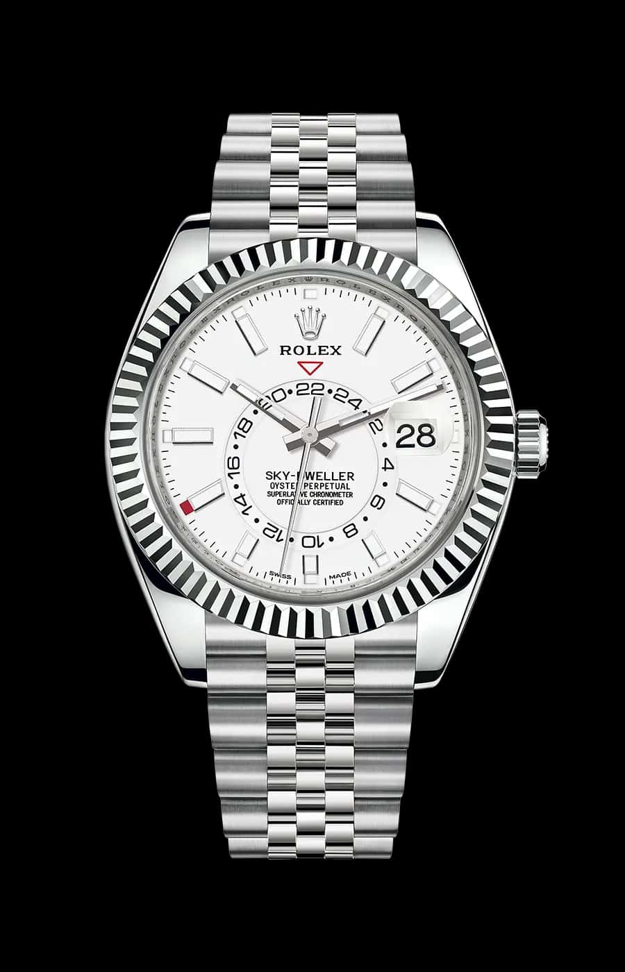 Rolex Sky-Dweller Stainless Steel White Index Dial Jubilee Fluted Bezel
Ref. 326934-0002