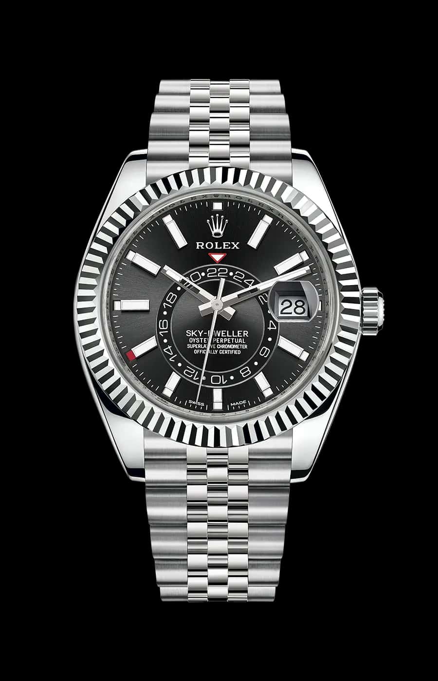 Rolex Sky-Dweller Stainless Steel Black Index Dial Jubilee Fluted Bezel
Ref. 326934-0006