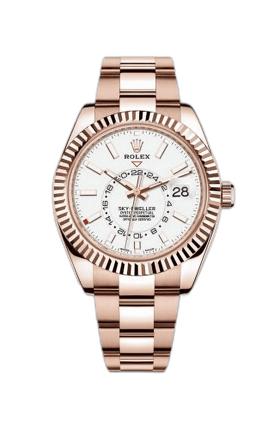 Rolex Sky-Dweller Rose Gold White Index Dial Oyster Fluted Bezel
Ref. 326935-0005