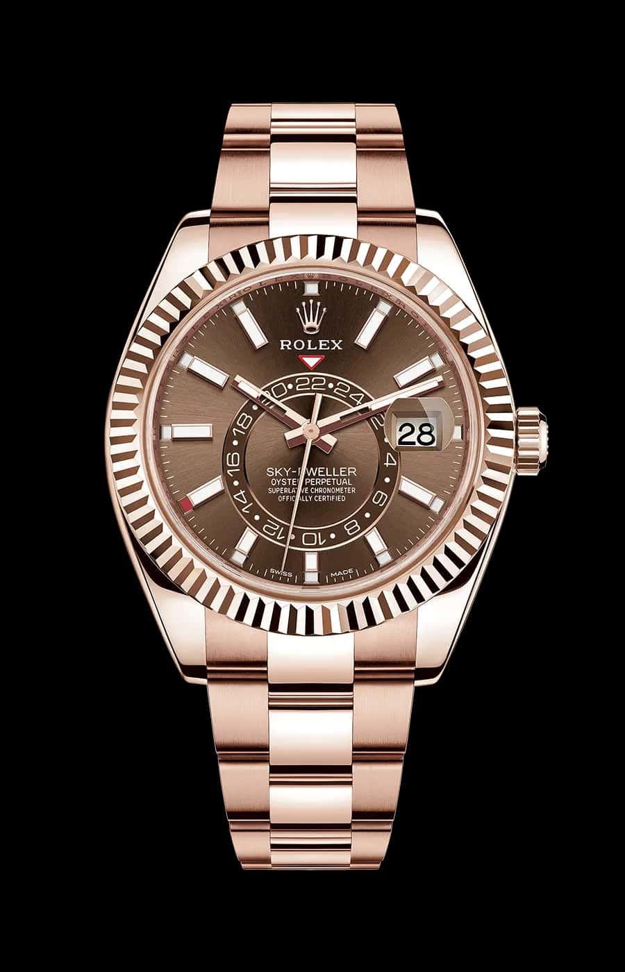 Rolex Sky-Dweller Rose Gold Chocolate Brown Index Dial Oyster Fluted Bezel
Ref. 326935-0006