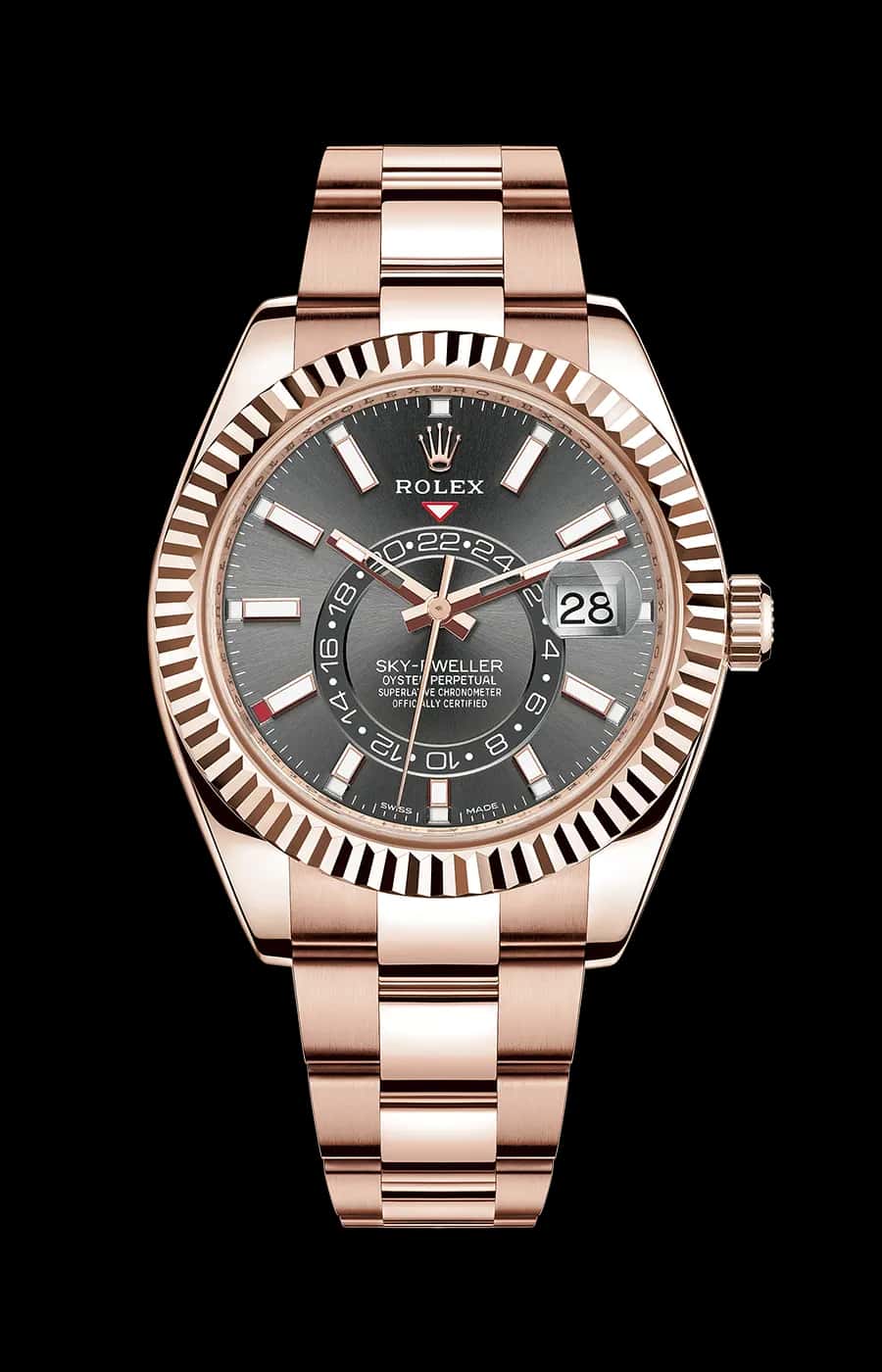 Rolex Sky-Dweller Rose Gold Rhodium Index Dial Oyster Fluted Bezel
Ref. 326935-0007