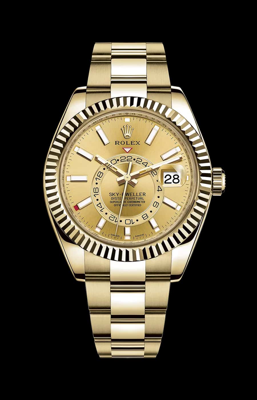 Rolex Sky-Dweller Yellow Gold Champaign Index Dial Oyster Fluted Bezel
Ref. 326938-0003