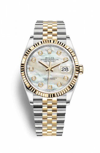 Rolex Datejust 36 Stainless Steel and Yellow Gold White Mother Of Pearl Diamond Dial Jubilee Fluted Bezel
Ref. 126233-0023
