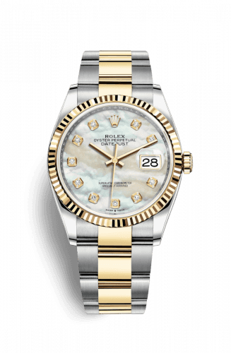 Rolex Datejust 36 Stainless Steel and Yellow Gold White Mother Of Pearl Diamond Dial Oyster Fluted Bezel
Ref. 126233-0024
