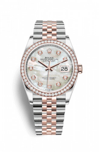 Rolex Datejust 36 Stainless Steel and Rose Gold White Mother Of Pearl Diamond Dial Jubilee Diamond Bezel
Ref. 126281RBR-0009