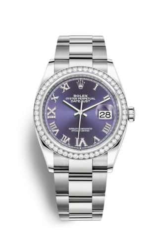 Rolex Datejust 36 Stainless Steel Purple Diamond VI IX Roman Dial Oyster Diamond Bezel
Ref. 126284RBR-0014