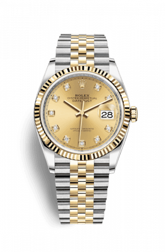 Rolex Datejust 36 Stainless Steel and Yellow Gold Champagne Diamond Dial Jubilee Fluted Bezel
Ref. 126233-0017